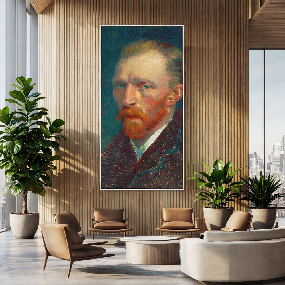 Tablou canvas cu autoportret vincent van gogh, in rama de aluminiu argintiu, pe perete intr-un birou